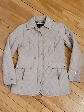 London Fog Quilted Cream Puffer Jacket with Gold Accents